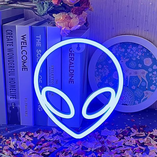 Lampe Néon Alien LED Bleue - USB ou Piles - Décoration Murale
